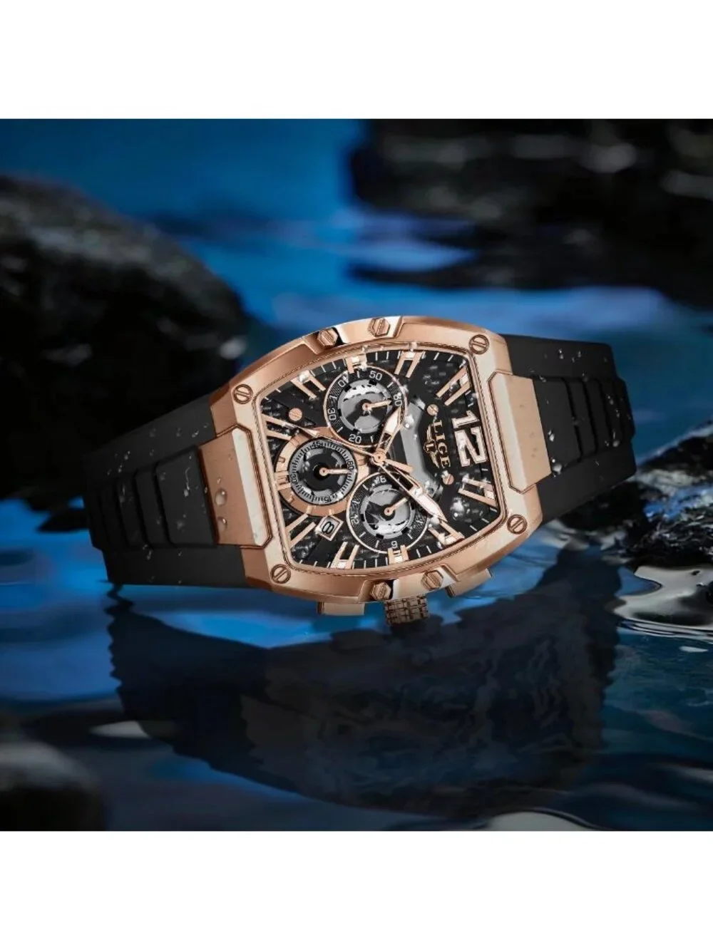 Men's Black and Bright Copper Square Chronograph Stainless Steel Quartz Watch